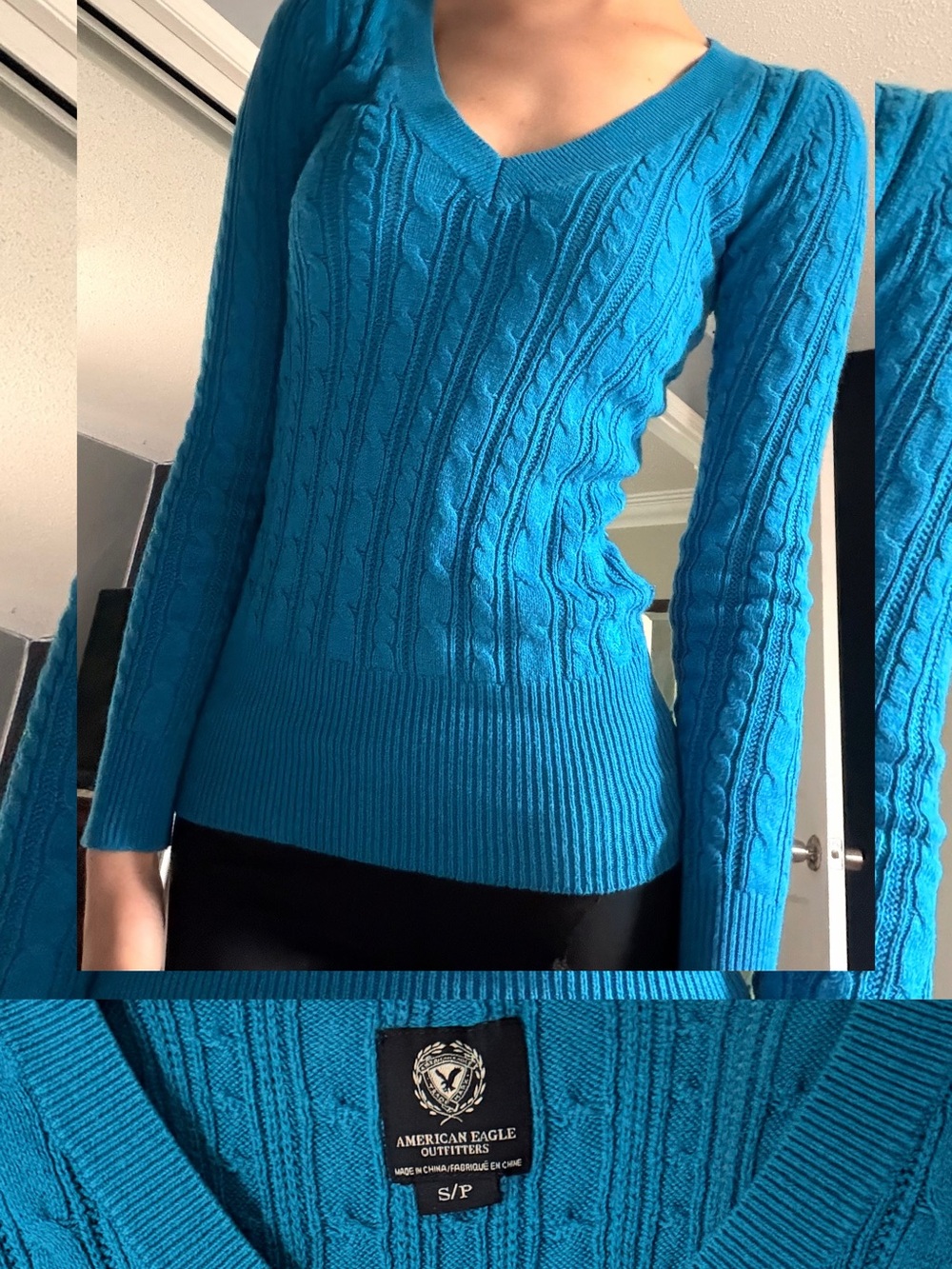 American Eagle Outfitters Cable Knit V-Neck Sweater - Teal Blue